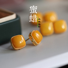 天然鸡油黄蜜蜡耳钉通体925银真品方糖小众高级感女耳饰可出证书