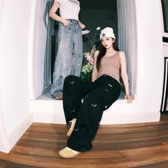 卡通小狗刺绣水洗牛仔裤女2025春秋情侣宽松阔腿直筒裤宽松休闲裤