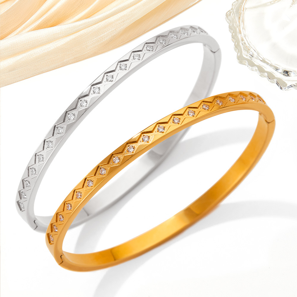 304 Stainless Steel Material Rhombus Pattern Women'S Gender Elegant Rhombus 304 Stainless Steel 16K Gold Plated White Gold Plated Gold Plated Zircon Bangle In Bulk