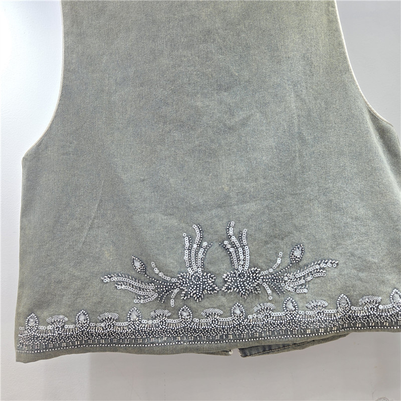 Retro estilo nacional de la industria pesada bordada con cuentas de clavos chaleco de vaquín de cuello redondo vestimenta de mujer plegable alta sensación chaqueta de mujer image 4