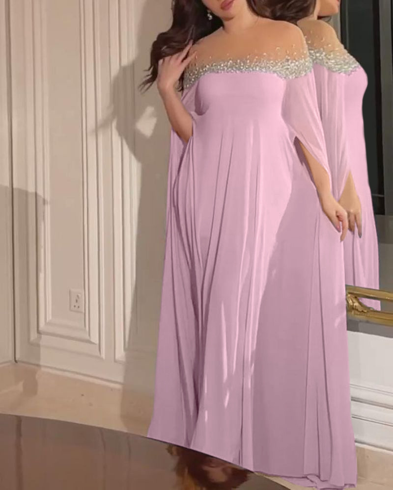 Elegant aftenkjole for damer med perler og stein i chiffon_voghion.com