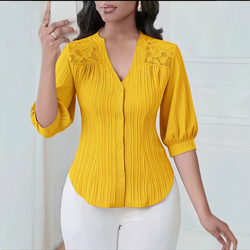 In-Stock European and American Style Lace Patchwork V-Neck Shirt with Pleated Waist and Puff Sleeves, Suitable for Work In-Stock European and American Style Lace Patchwork V-Neck Shirt with Pleated Waist and Puff Sleeves, Suitable for Work