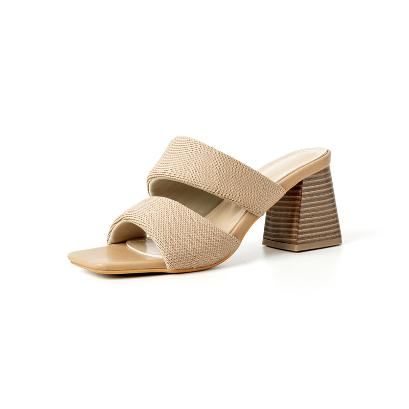 Square-Toe Chunky High Heels with Open-Toe Fabric Peep-Toe Wood Grain High-Heeled Sandals, Fashionable Versatile Mules