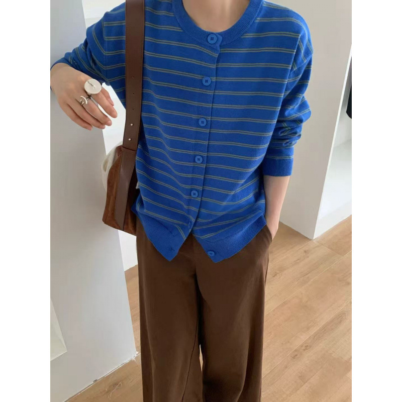 KANING圆领撞色条纹针织开衫女2025秋季新款单排扣韩系毛衣女装|undefined
