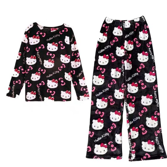 Women's Autumn and Winter New Two-Piece Flannel Pajama Pants Flannel fleece-lined Warm Casual Home suit Pants