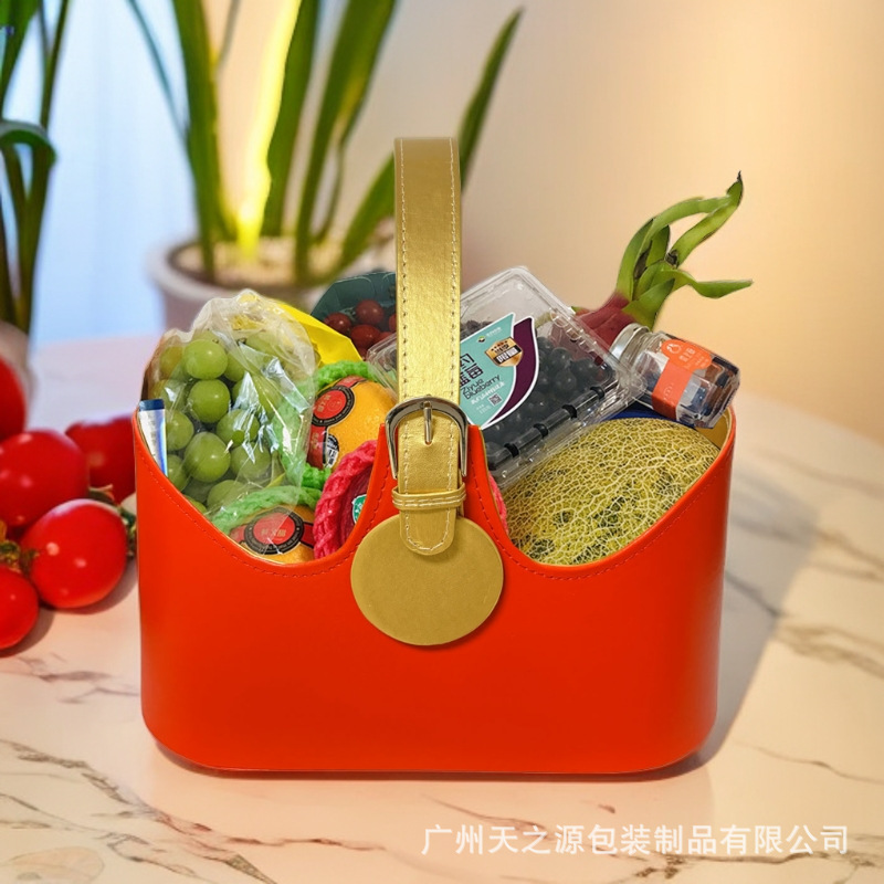 圣诞春节手提年货礼篮送礼水果篮皮质收纳篮过大礼红酒包装篮厂家