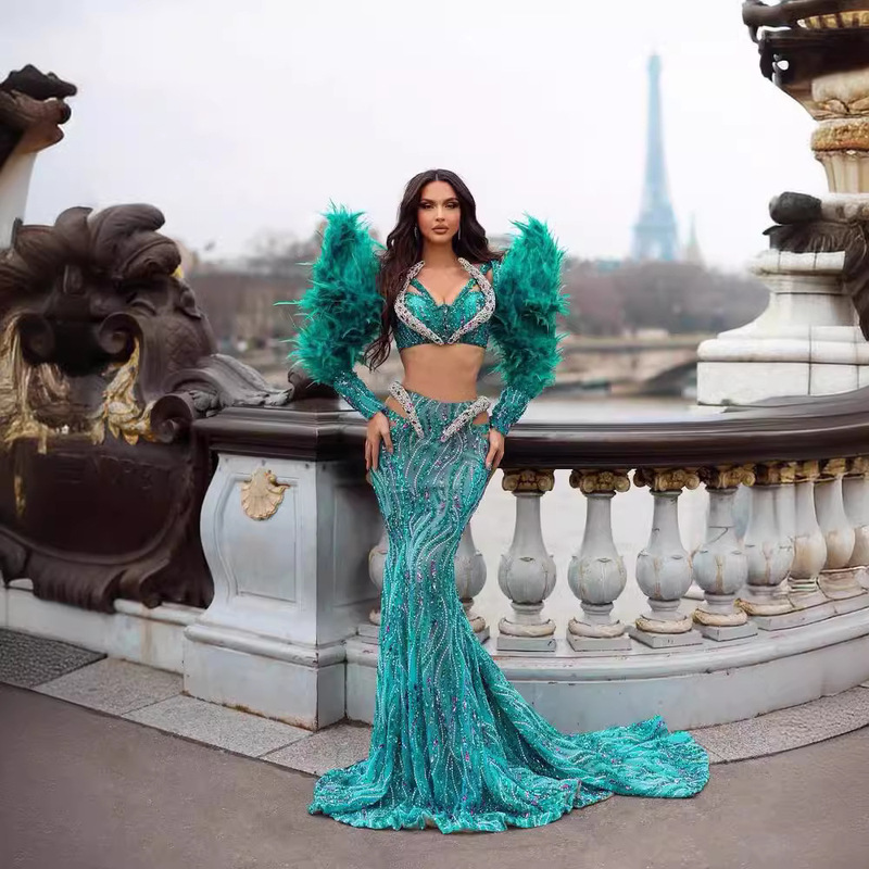 2024 New Evening Dress Fashion European and American Festival Wear Long Sleeve Feather Stitching Bead Heavy Industry Long Dress