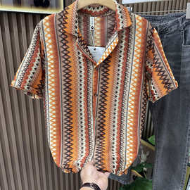 夏季新款镂空度假西米亚宽松衬衣民族编织古巴撞色短袖提花衬衫男