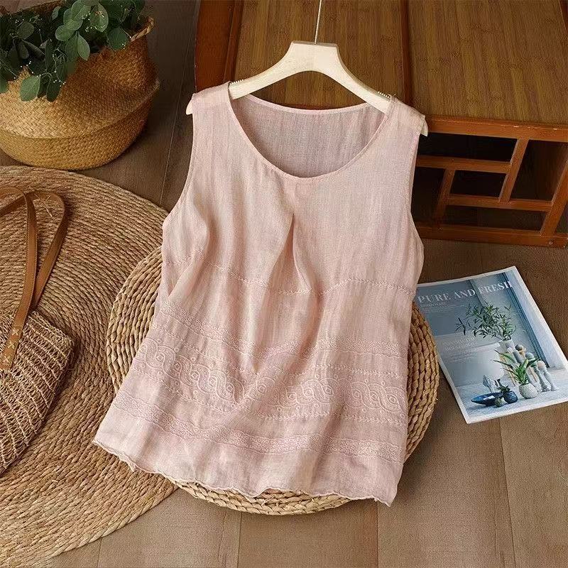 Cotton and Linen Embroidered Camisole Women's Summer Elegant Slimming Look Sleeveless Outer Wear Inner Wear Large Size Cotton and Linen Bottoming Shirt Top