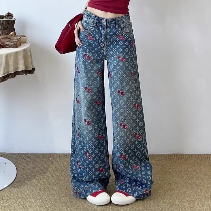 新款樱桃刺绣宽松牛仔裤女夏季高腰显瘦阔腿裤长裤|undefined