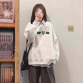 美式复古hiphop小个子圆领卫衣女2024春秋季宽松慵懒港味chic上衣