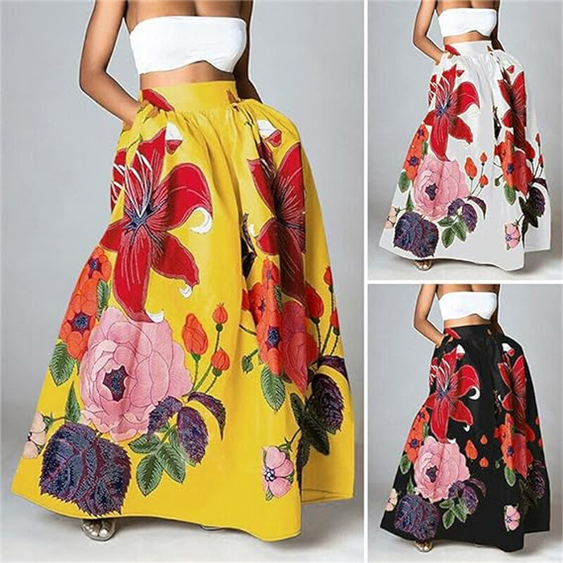 European And American Cross-border Foreign Trade Women's Skirt, Bohemian Floral Loose High-waisted Holiday Flared Pocket_ecoleips.com