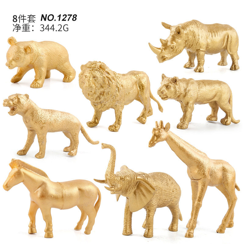 Exportación transfronteriza de oro bosque animal adornos juguetes de simulación girafa dorada leones rinocerontes caballos adornos estáticos
