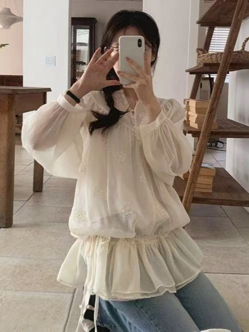 南法序曲2025秋季重工立体花朵抽绳衬衫韩代款设计感衬衣女高级感|undefined