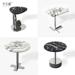 Italian Minimalist Stainless Steel Marble Corner Table, Vintage Wabi-Sabi Style Black and White Sofa Side Table, Small Coffee Table with Silver Edge J&