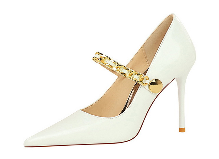 High heels women's shoes slim heels patent leather shallow mouth pointed metal chain line with single shoes_voghion.com