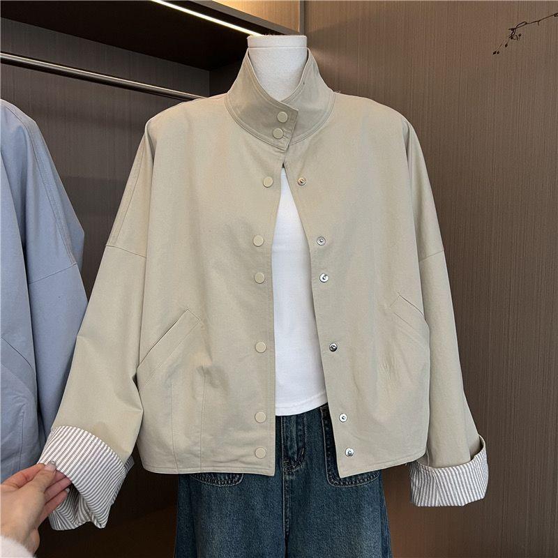 韩系立领单排扣工装短款外套女春季2025新款小个子设计感夹克风衣|undefined