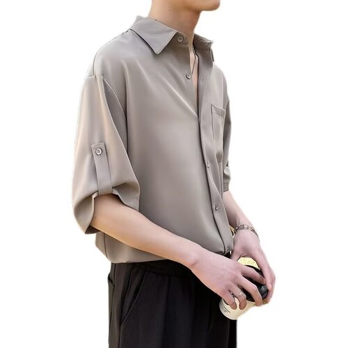 Men's Short-Sleeve Korean-Style Trendy Instagram-Worthy Cropped Shirt: Sleek, Cool, and Ultra-Chic Summer Top with a Luxurious Ice-Silk Feel