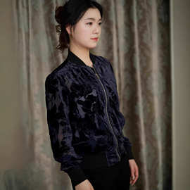 现货新款重工丝绒上衣嵌花夹克短外套女春秋棒球服