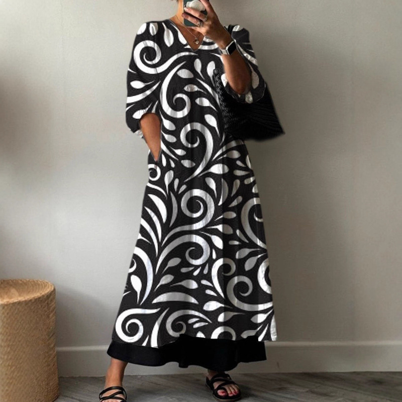 2026 Amazon Hot-Selling Fashion Style European and American Style Printed V-Neck Long Dress