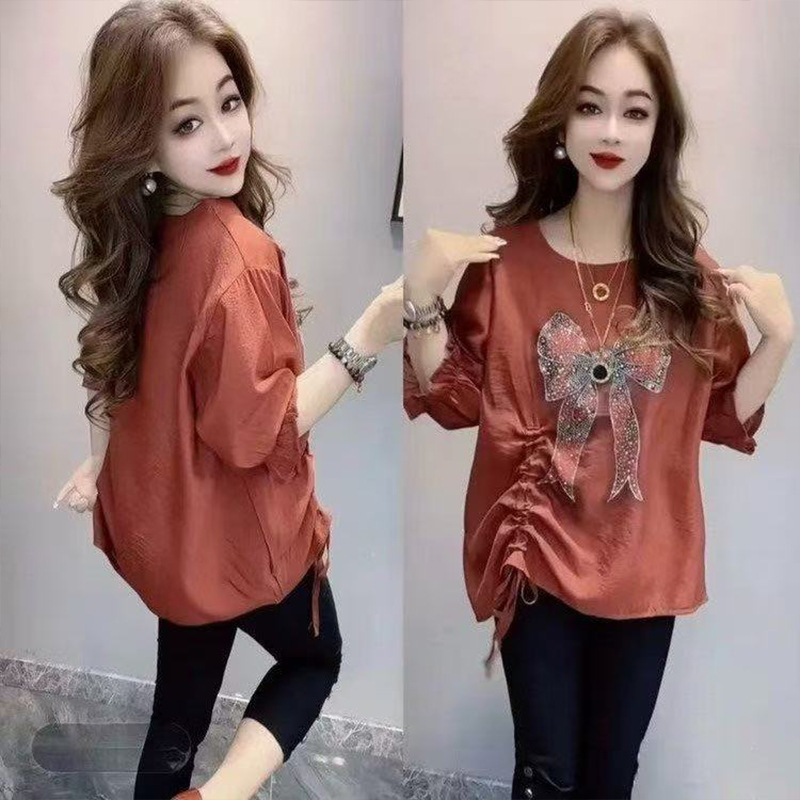 2025 New Stylish Tops for Moms, Fashionable Round Neck Drawstring Irregular Style Bowknot Tops