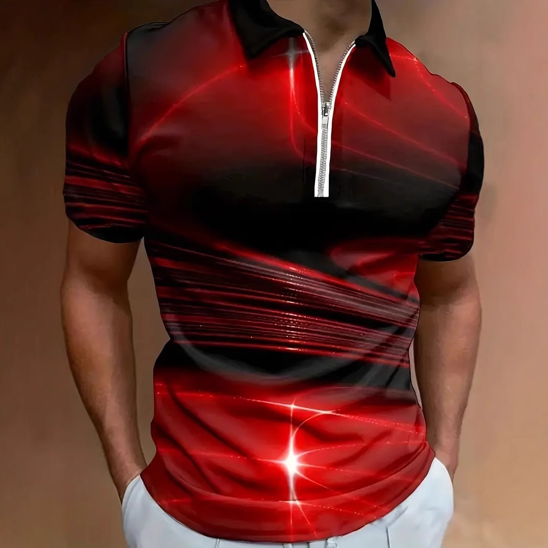 Clásico negro y rojo color degradado halo estampado 3D hombre negocio suelto ojo tela transpirable manga corta cremallera camisa POLO