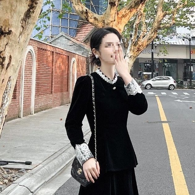 黑色丝绒连衣裙套装女2025秋季新款收腰上衣蕾丝拼接半身裙两件套|undefined