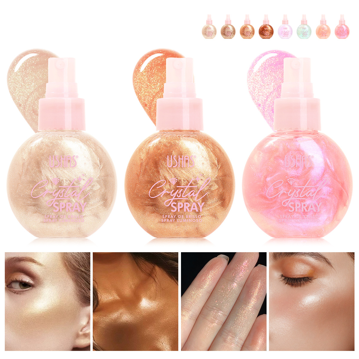 USHAS venta caliente líquido transfronterizo de alto brillo, hidratación y reparación de contenido neto de red de alto brillo spray al por mayor UC103A B