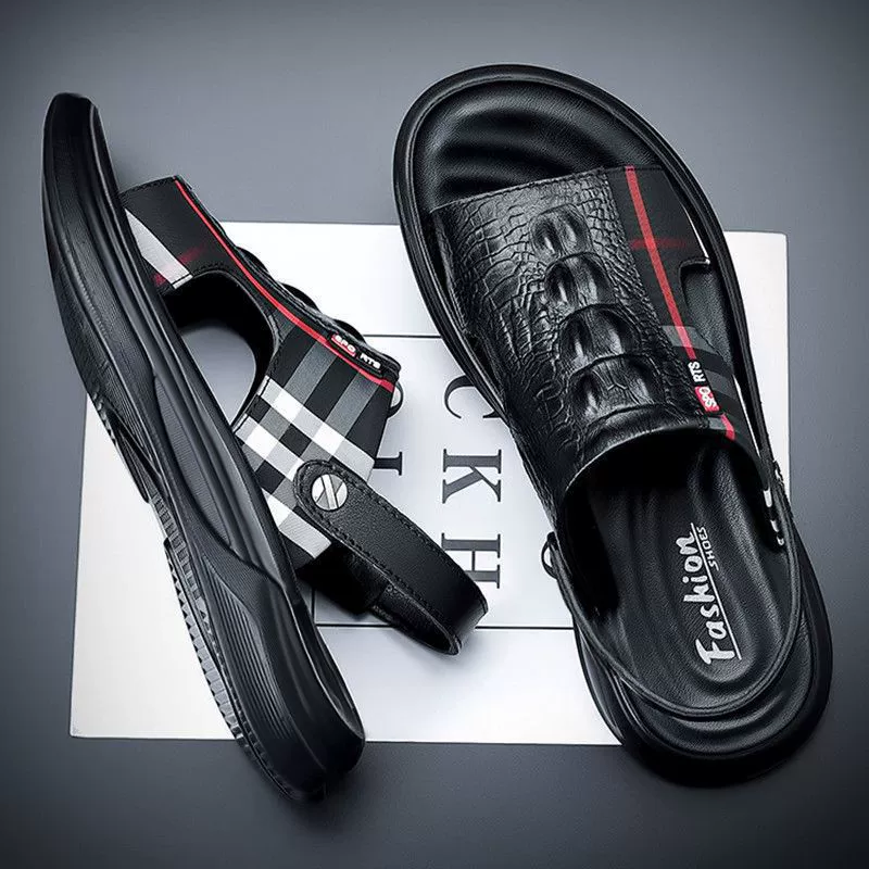 Большие размеры кожаные сандалии для мужчин Летняя повседневная мужская обувь дышащая толстое дно общество дышащая среднего и пожилого отца пляжная обувь мужчины