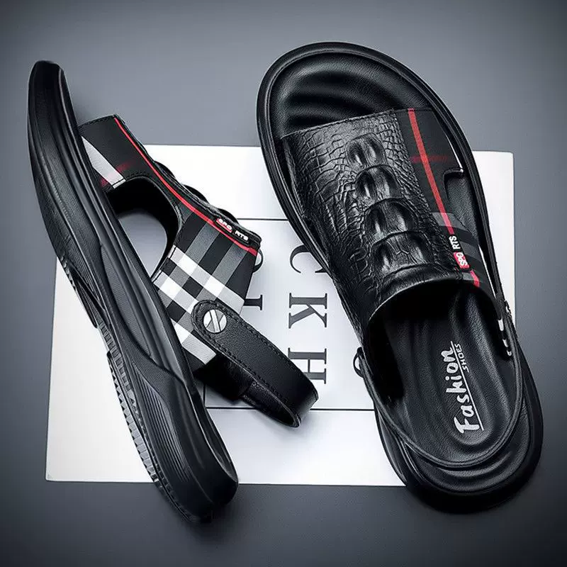 大码皮面凉鞋男夏季休闲男鞋透气厚底社会透气中老年爸爸沙滩鞋男