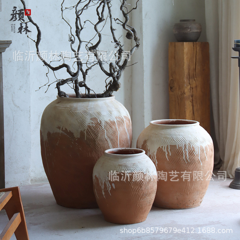 Botella de cerámica gruesa de tierra gran vaso de estómago de cerámica silenciosa decoración paisajística de alojamiento residencial botella de cerámica china decoración Zen retro