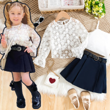 跨境外贸欧美春秋新款潮范女童套装长袖上衣吊带内搭百褶裙三件套