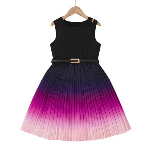 女童连衣裙夏款外贸拼色无袖背心裙2024夏季8-12岁跨境大童百褶裙