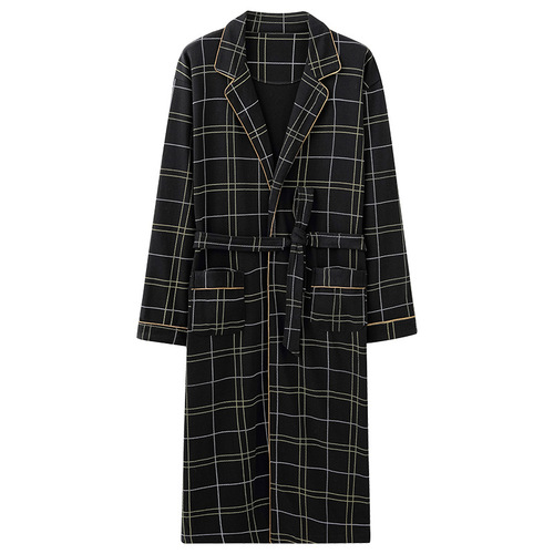 Men's Spring and Autumn Cotton Long-Sleeve Pajama Set Loose Plus Size Open Cardigan Check Mid-Length Robe Homecoming Clothes