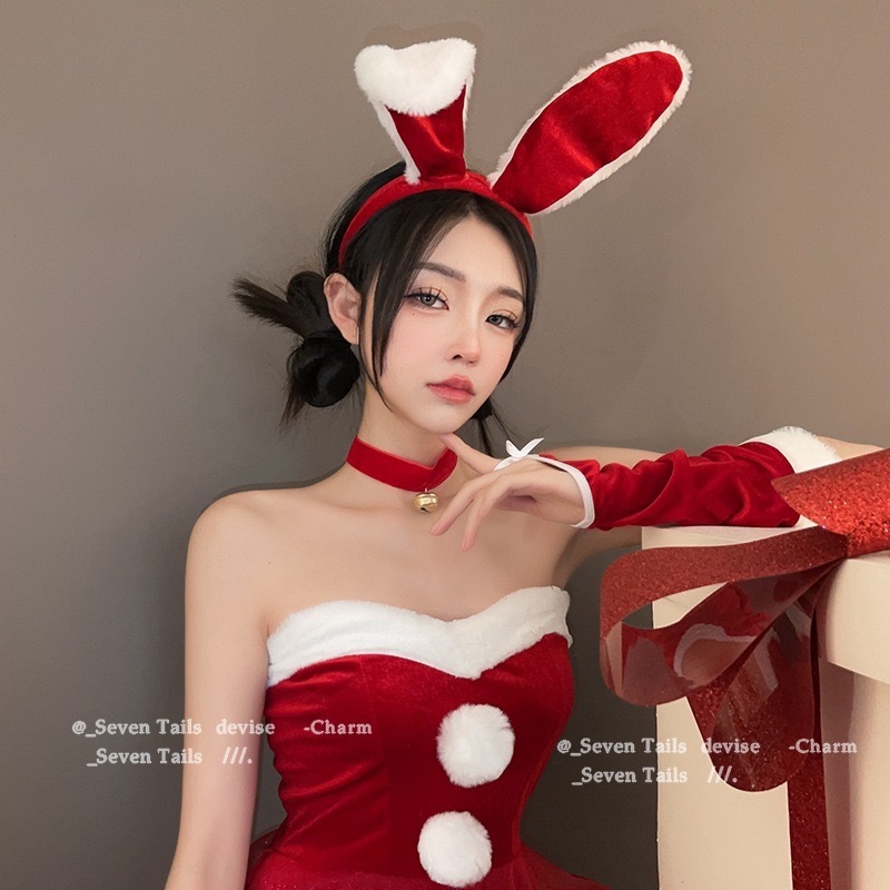 圣诞节长兔耳朵发箍新年红色毛绒兔耳朵头箍女仆兔女郎网红发饰女|undefined