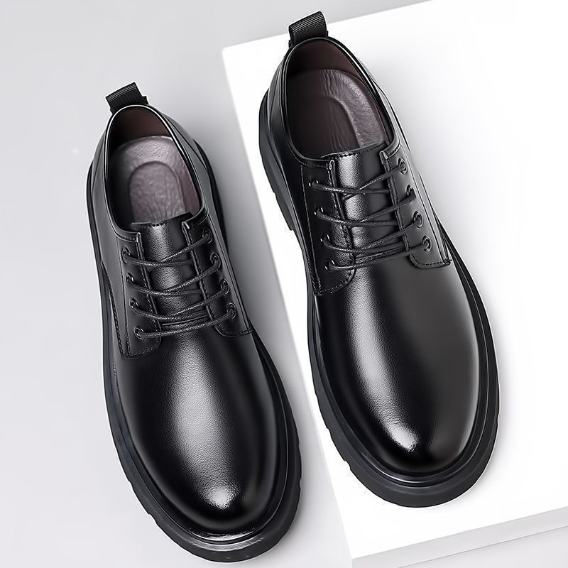 Men's Leather Shoes Spring and Autumn British Thick-Soled Derby Shoes Men's Formal Wedding Black Low-Cut Boots Business Casual