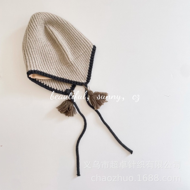 INS风小众设计师同款流苏小辫子撞色边品质款毛线帽儿童护耳帽|undefined