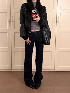 设计感装饰重工拉链牛仔裤子女春季新款美式辣妹显瘦微喇叭拖地裤