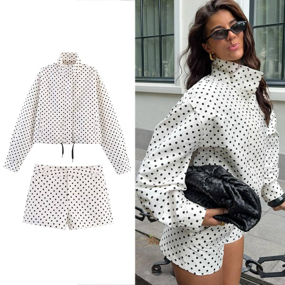 Foreign Trade Cross-Border Exclusive European and American Fashion New Spring and Summer Polka Dot Long-Sleeved Jacket Polka Dot Shorts Suit