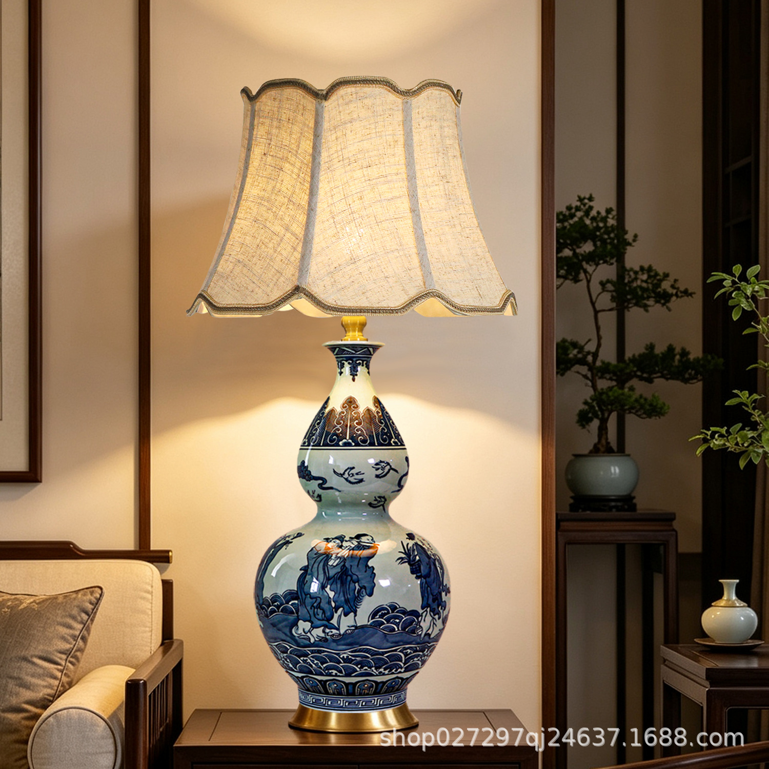 景德镇青花手绘陶瓷台灯新中式复古葫芦瓶全铜底座客厅家用摆件