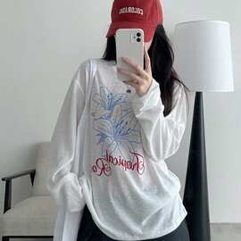 上衣防晒衣女复古慵懒风白色长袖感设计印花罩衫夏季百搭氛围韩系