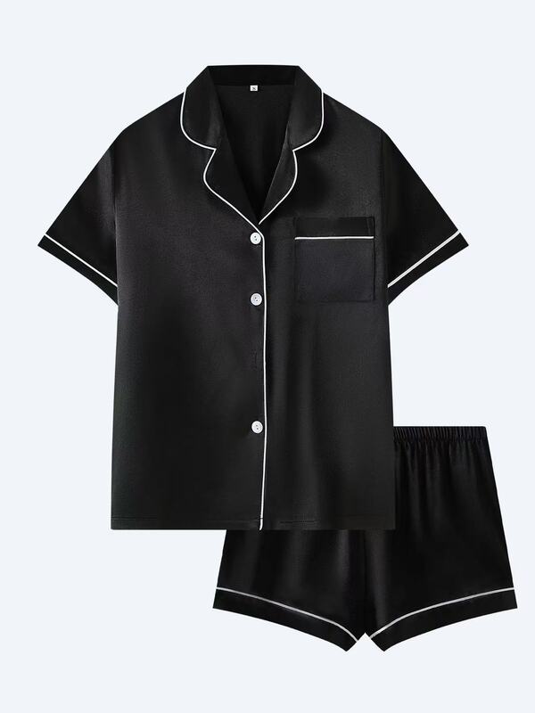 跨境外贸Nightwear简约气质百搭女舒适短袖衬衫家居服短裤套装|undefined