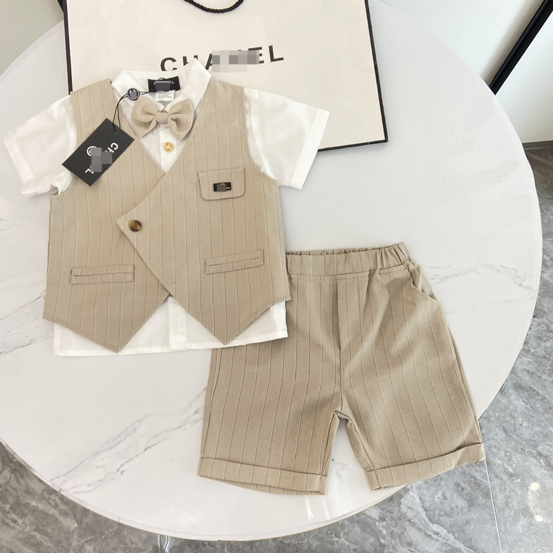 New Summer Boys' Solid Color British Style Handsome Three-Piece Set Daytime Dress Outing Outfit Short-Sleeve Shirt Trendy New Summer Boys' Solid Color British Style Handsome Three-Piece Set Daytime Dress Outing Outfit Short-Sleeve Shirt Trendy