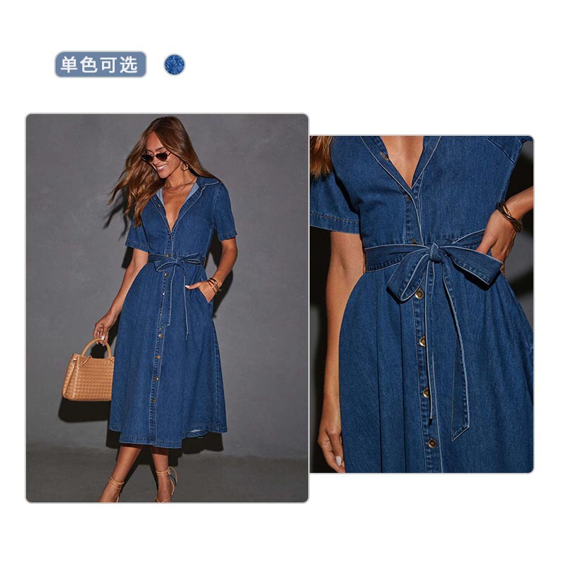 European and American Fashion V-Neck Denim Dress for Women Summer 2025 New Elegant Work Clothing Waist Tie Short-Sleeved Lining European and American Fashion V-Neck Denim Dress for Women Summer 2025 New Elegant Work Clothing Waist Tie Short-Sleeved Lining