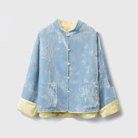 双面穿 真丝提花立领外套女国风丝绒提花桑蚕丝新中式盘扣开衫春