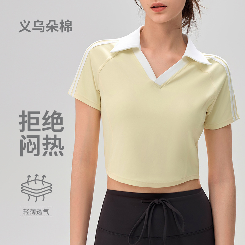 Polo Shirt Short-Sleeve T-Shirt for Women, Summer Design V-Neck Tennis Wear, Waist-Cinching Trendy Top, Cross-Border Yoga Wear Polo Shirt Short-Sleeve T-Shirt for Women, Summer Design V-Neck Tennis Wear, Waist-Cinching Trendy Top, Cross-Border Yoga Wear