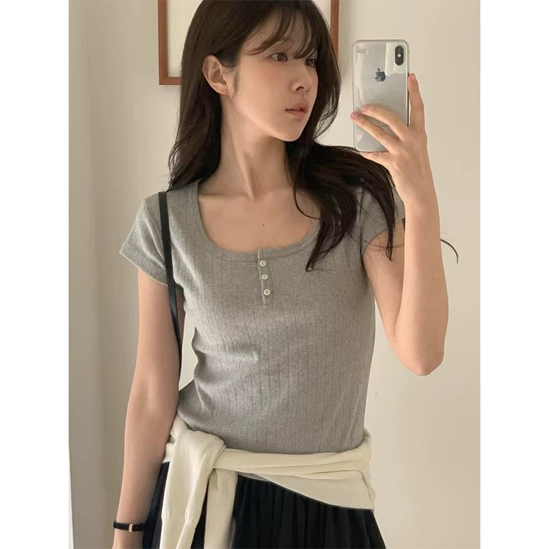 South Korea Dongdaemun Verg*Mot Pure and Girly Style with a Touch of Innocence, Floral Button Square-Neck T-Shirt, Short-Sleeved for Summer