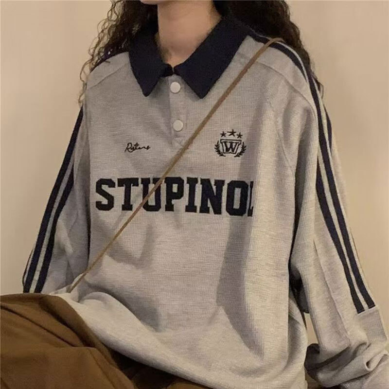American Style Retro Polo Collar Sweat Women's Spring and Autumn Student Ins Fashionable Autumn Top Loosen Korean Style for Couple American Style Retro Polo Collar Sweat Women's Spring and Autumn Student Ins Fashionable Autumn Top Loosen Korean Style for Couple