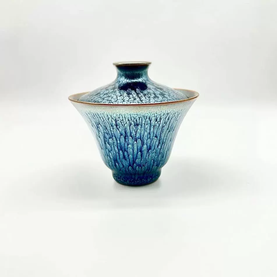 建阳水吉建盏厂家直销若烨薄胎全包釉金口百花盖碗主人杯品茗杯