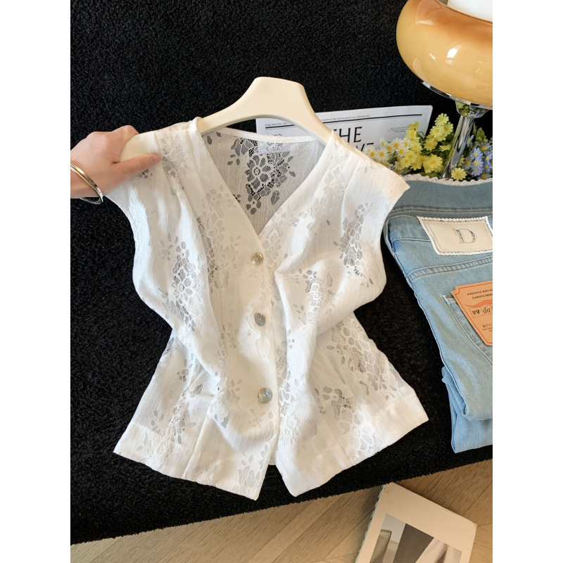 Design-Inspired Lace Hollow-Out Embroidered White Shirt for Women, 2026 New Summer Sleeveless V-Neck Waist-Cinching Short Top